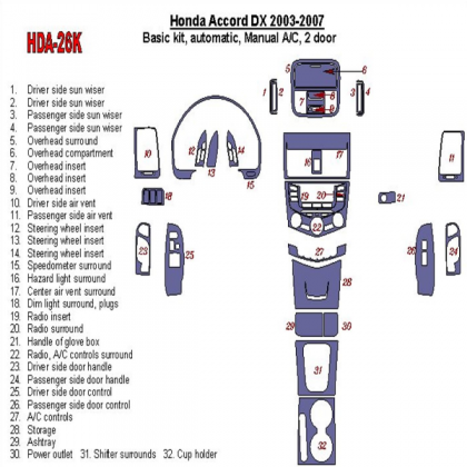 ACCORD Honda Accord DX 2003-2007 Basic Set, Automatic Gear, Manual Gearbox A/C, 2 Doors BD Interieur Dashboard Bekleding Volh...