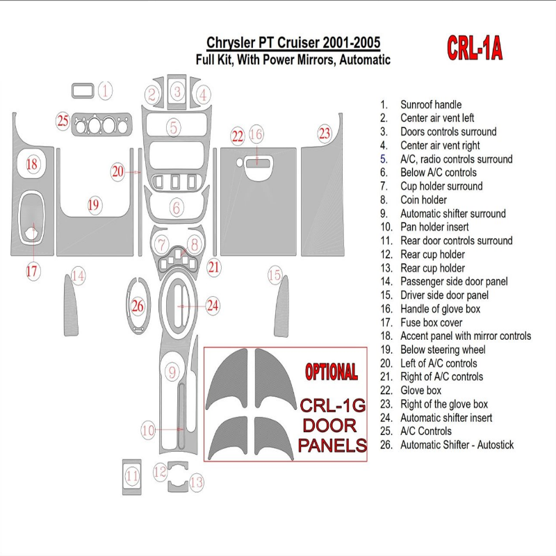 PT CRUISER Chrysler PT Cruiser 2001-2005 Full Set, With Power Mirrors, Automatic Gearbox, 24 Parts set Decor de carlinga su i...
